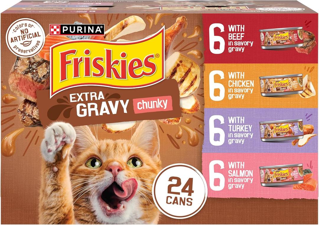 Purina Friskies Extra Gravy Wet Cat Food Chunky 24ct Variety Pack (With Chicken, Turkey, Salmon, Beef) - (Pack of 24) 5.5 oz. Cans (EXP 03/01/27)