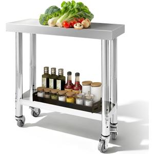 Stainless Steel Work Table with 4 Wheels 30 x 12 x 34 Inch Adjustable Metal Commercial Prep Workstation 2-Tier Heavy Duty Mobile Work Station Suitable for Kitchen Restaurant Hotel Garage