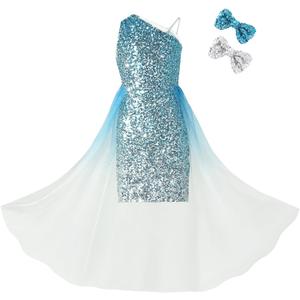 EXARUS Girls Sparkle Sequin Dress Bodycon with Mesh Tween Formal Homecoming Party Dresses Prom Dance Teens One Shoulder, 6 Years, Blue Silver Gradient-one Shoulder