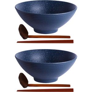 Kanwone Ceramic Japanese Ramen Bowl Set, Noodle Soup Bowls - 60 Ounce, with Matching Spoons and Chopsticks for Udon Soba Pho Asian Noodles, Set of 2, Navy (9 Inch)