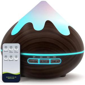 500ML Essential Oil Diffuser, Aromatherapy Diffuser with Remote Control, Multifunctional Air Diffusers for Home Office Room, Fragrance Aroma Diffuser with 7 Color LED & 2 Mist Mode, Dark Brown