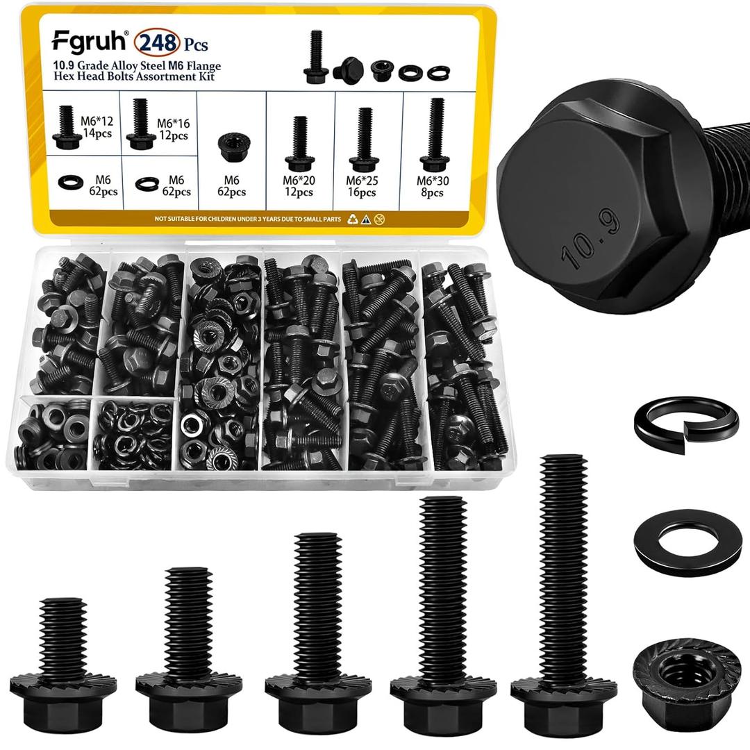 248PCS M6 Flange Hex Bolt Assortment Kit,M6-1.0 x 12/16/20/25/30 mm Metric Bolts and Serrated Flange Nuts Washers Assorted,10.9 Black Zinc Galvanized