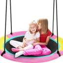 HOTJUMP 40 Inch Saucer Tree Swing for Kids Outdoor, Textilene Fabric Tear & UV Resistant Waterproof, Round Disc Circle Swing Set for Backyard Garden, Pink
