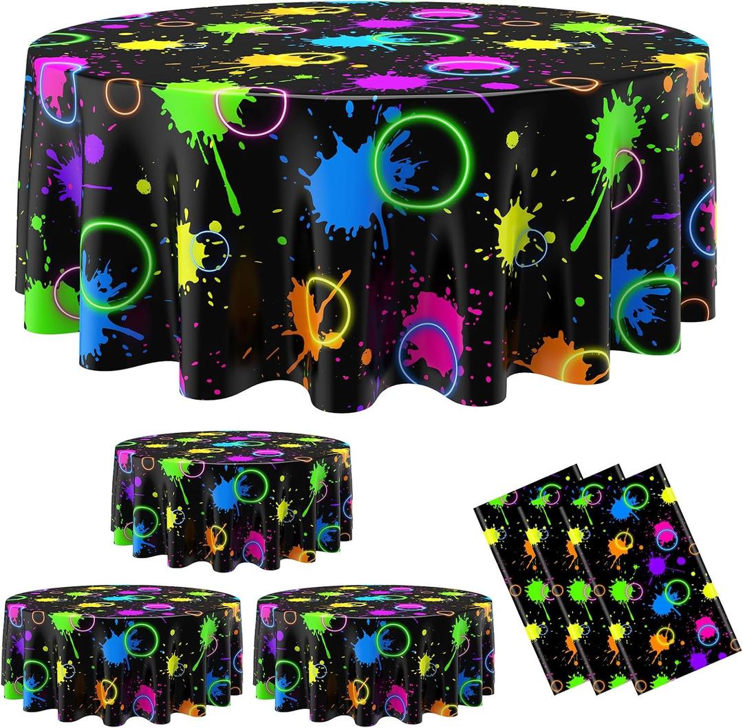 Oudain 6 Pcs Neon Party Table Cloths for Parties 84" Round Disposable Plastic Table Covers for Birthday Baby Shower 80s 90s Party Supplies Decor (Black)