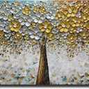 ART8YUQI Art - Contemporary Abstract Art Oil Painting On Canvas Texture 3D Silver - Golden Flower painting Handmade Artwork Picture Canvas Wall Art Modern Home Decor living room Ready to Hang 30x60 inch (60L" x 30W")