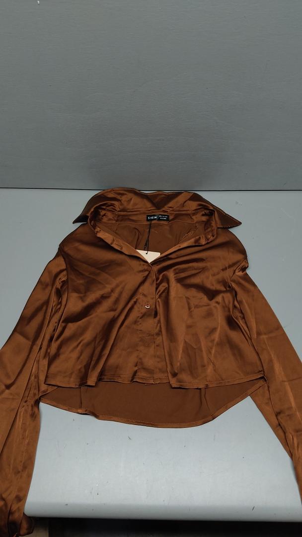 Shein Women's Satin Long Sleeve Button Up Blouse Work Office Silky Shirts Tops XS