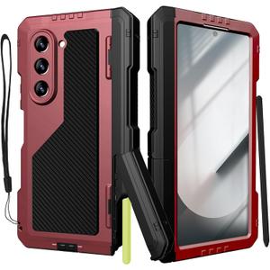 for Samsung Galaxy Z Fold 6 Case with S Pen Holder & Stylus, Z Fold6 Metal Case with Hinge Protection Screen Protector Military Rugged Heavy Duty Bumper Kickstand Phone Case for Z Fold 6 Red