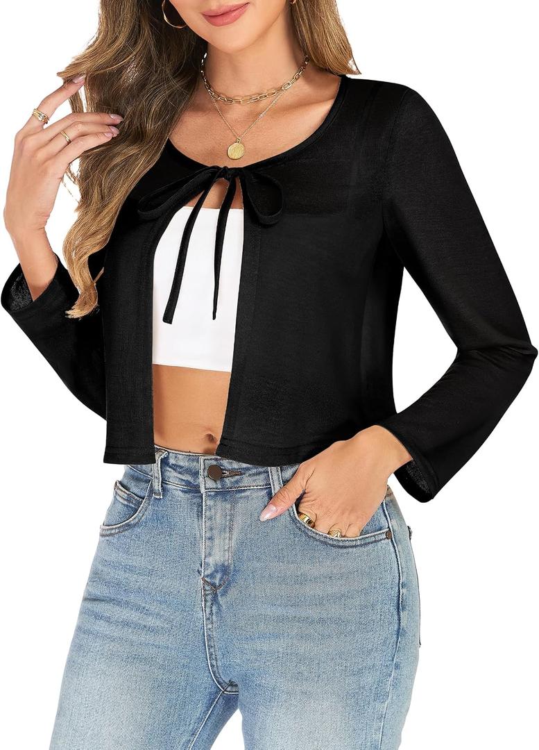 Wedtrend Women's Lightweight Cardigans for Women Long Sleeve Bolero Shrug Cropped Cardigan Tie Front Open Front Rib Knit Top (Black, XXL)