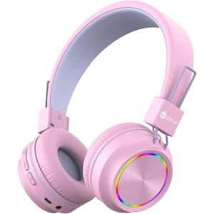 iClever BTH03 Kids Bluetooth Headphones, Colorful LED Lights, 35H Playtime, Bluetooth 5.4, Type C Fast Charging, Safe Volume, Stereo Sound Mic, On Ear Kids Wireless Headphones for iPad Airplane, Pink
