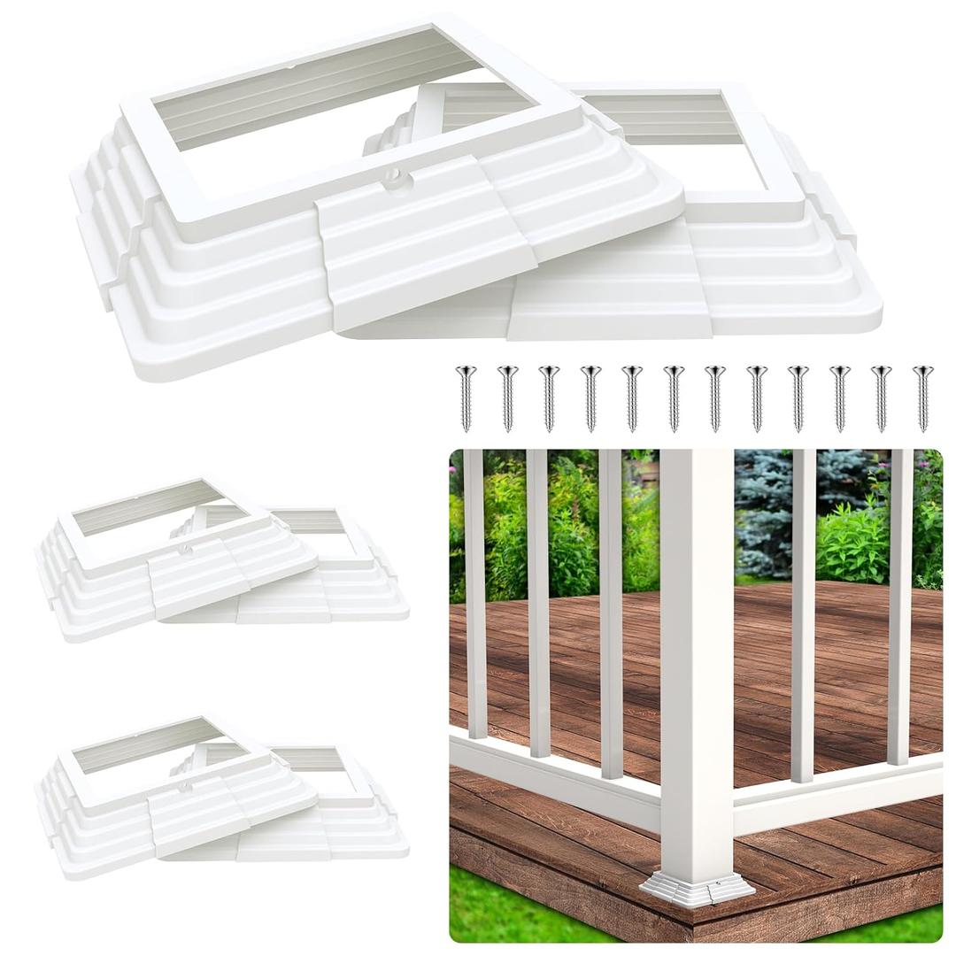 6pcs 4x4(Actual: 3 5/8" x3 5/8") Post Base Cover, Split Style Vinyl Post Skirt Black for Iron Stair railings, Balcony railings,Patios, Porches (White)
