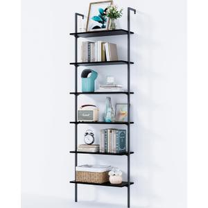 ODK 6-Tier Ladder Shelf, 87 Inches Wall Mounted Ladder Bookshelf with Metal Frame, Open Industrial Shelves for Home Office, Bedroom and Living Room, Black (12"D x 24"W x 87"H)