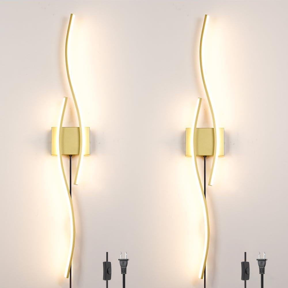 Daunton Modern Gold Plug in Wall Sconces Set of Two, RC Dimmable LED Plug in Wall Light, Wall Lamps with Plug in Cord for TV Wall Sconces, Gold Sconce Wall Lighting for Living Room, Hallway, Bedroom