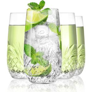 SHOSHIN Hand Cut Highball Glasses Crystal (Set of 4, 17Oz) - Elegant Water Juice Drinking Glasses, Everyday Beverage Glasses, Large Collins Glasses Perfect for Restaurant, Kitchen, Bar (Clear)