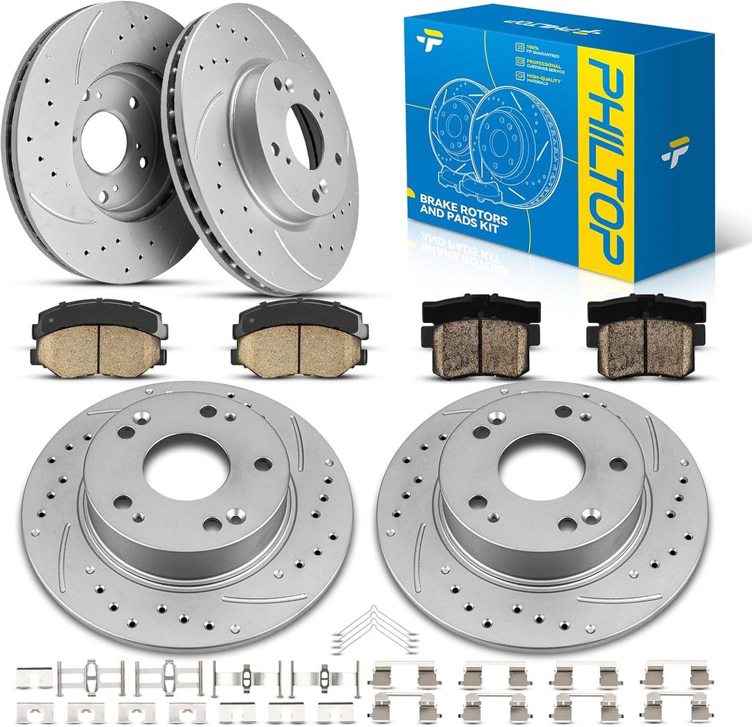 PHILTOP Front & Rear Brake Kit For 2003-2007 Honda Accord, Drilled & Slotted Brake Rotors Ceramic Brakes Pads Replacement : 11.1" inch Front, 10.21" inch Rear Rotor