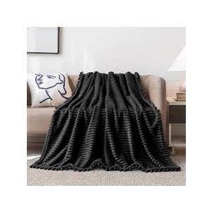 DISSA Fleece Blanket Twin Size – 60x80, Black  Soft, Plush, Fluffy, Fuzzy, Warm, Cozy – Perfect Throw for Couch, Bed, Sofa  with Pompom Fringe  Flannel Blanket