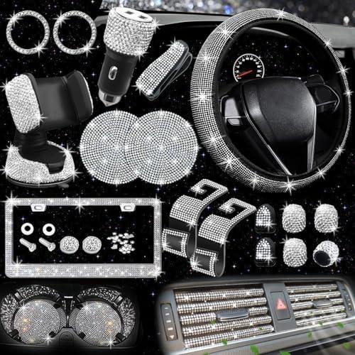 NBTEPEM 9 PCs Bling Car Accessories Set for Women, Steering Wheel Covers Universal Fit 15 Inch, Bling License Plate Frame, Bling Phone Holder, Bling Car Coasters (Silver Diamond)