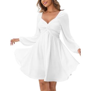 Florboom Women's Sweetheart Knot Front Dress Lantern Long Sleeve Smocked Back A-Line Chiffon Mini Dresses L