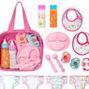 My Sweet Baby 13-Piece Doll Feeding & Diaper Bag Set Disappearing Milk Bottles, Bibs, Pacifiers, Diapers & Accessories Set Pretend Play Baby Doll Care Kit for Girls Fits 12,18  Dolls