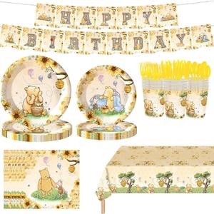142pcs Classic Bear Baby Shower Decorations Baby Shower Party Tableware with Plates, Napkin, Forks, Cups Banner And Tablecloth for Birthday Party Supplies Set Serves 20 Guests (Yellow)