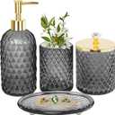 Haturi Gray Glass Bathroom Accessories Set, 4-Piece - Lotion Soap Dispenser, Toothbrush Holder, Cotton Swab Jar & Soap Dish  Elegant Gold Accent for Countertop & Housewarming Gift