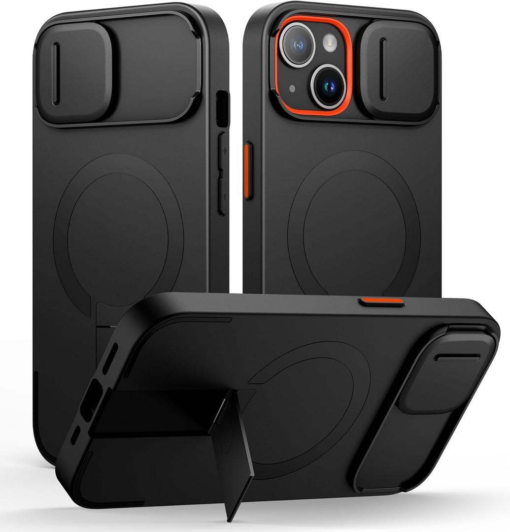 SURITCH for iPhone 15 Case with Magnetic Camera Slide Cover and Adjustable Kickstand, Compatible with MagSafe, Shockproof Bumper Case Slim Protective Cover 6.1 Inch, Black