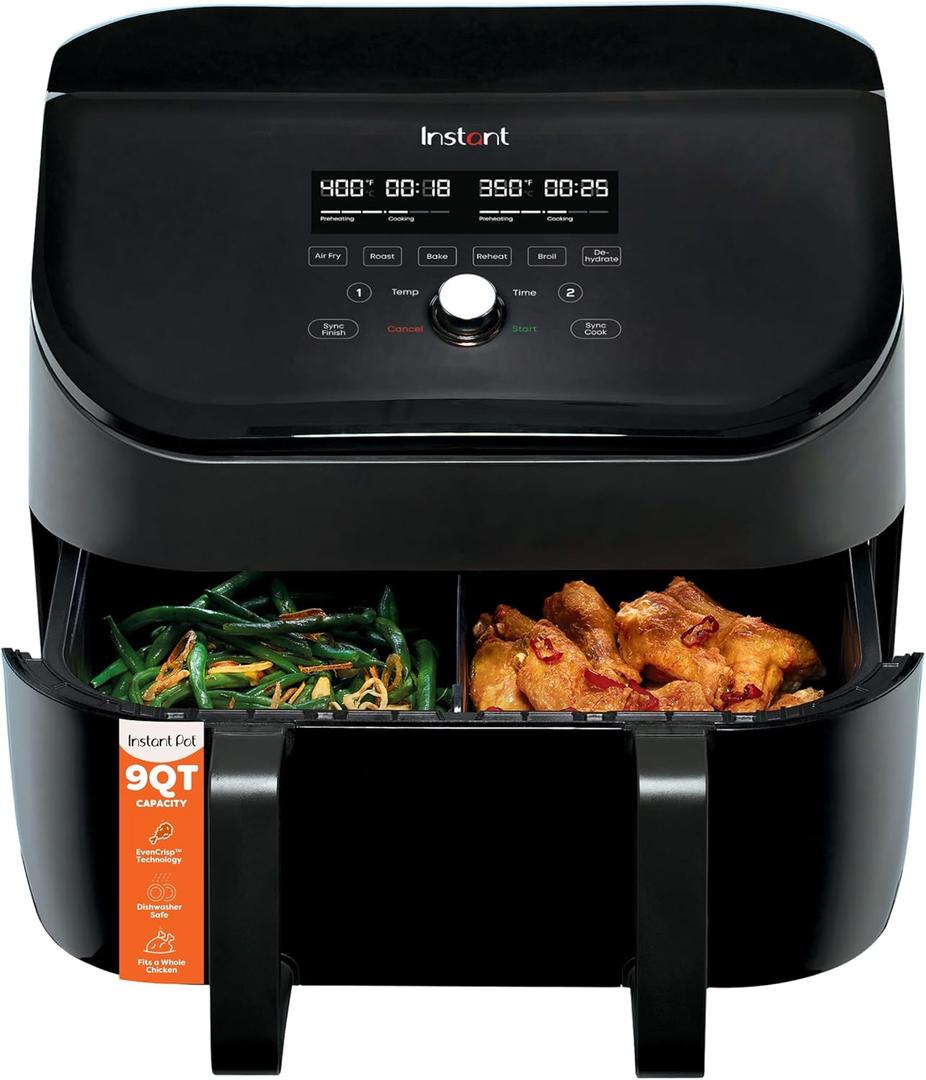 Instant Pot VersaZone 9QT Air Fryer,8-in-1 Functions with EvenCrisp Technology, Crisps,Broils, Bakes,Roasts, Dehydrates,Reheats at Same or Different Temperature, from the Makers of Instant Pot, Black, 9 quarts