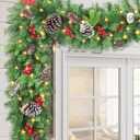 Pre-lit Christmas Garland 9FT with 100 Warm Lights, Battery Operated Xmas Garland with Pine Cedar Cones & Red Berries, Christmas Decoration for Mantle Fireplace Stair Railing Porch