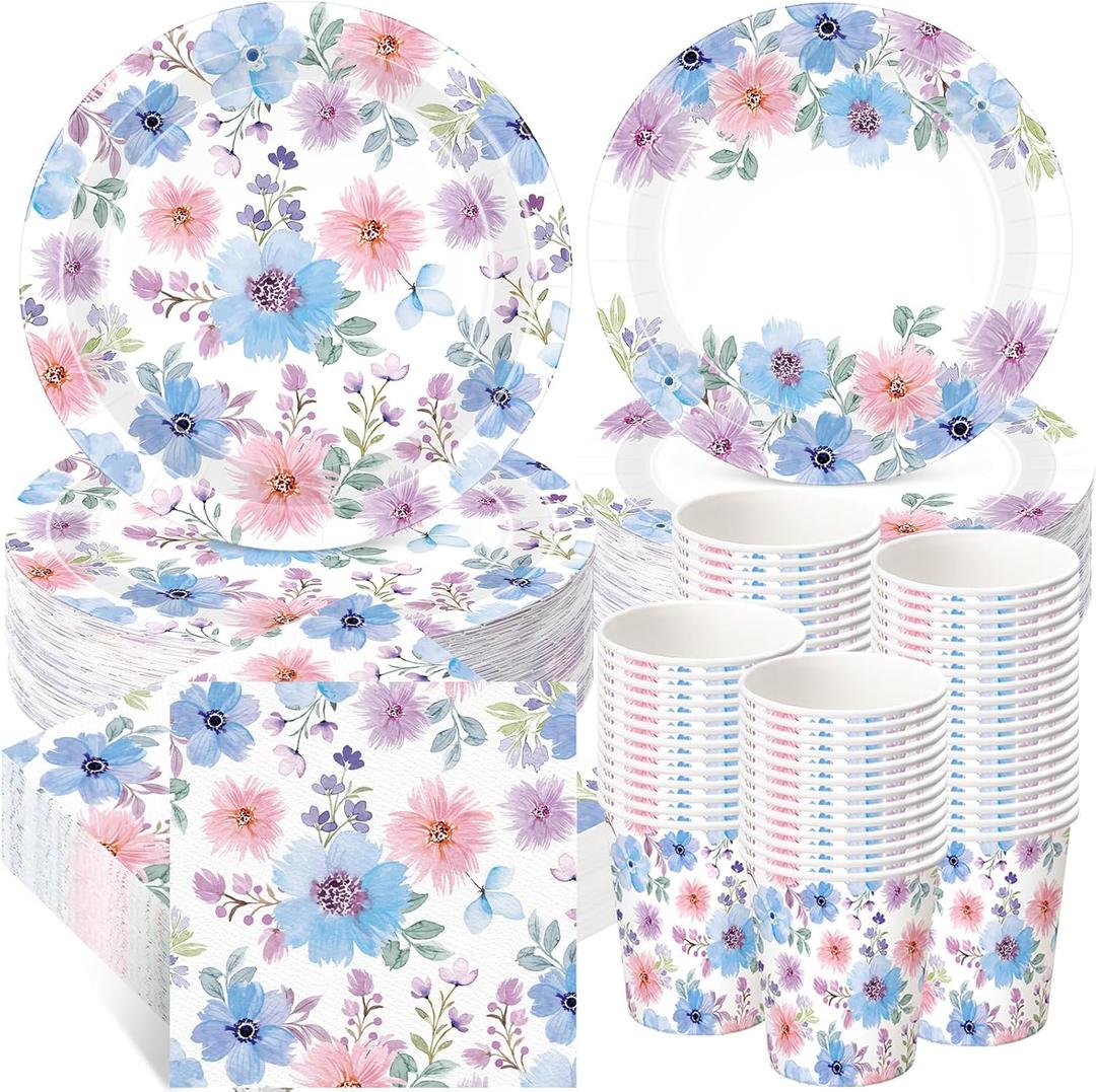 250 Pcs Spring Flower Party Decorations Include Watercolor Floral Paper Plates Napkins and Cups for Summer Wedding Baby Shower Tea Decorations, Serve 50 Guest (Blue and Pink)