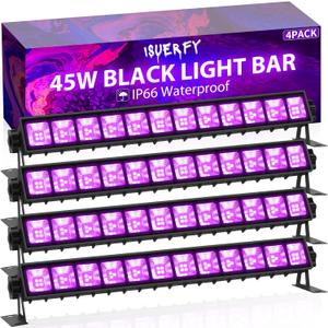 4 Pack 45W Black Light Bar IP66 Waterproof with 6ft Cord+Switch, Each Light Up 25x25ft Area, LED Outdoor Blacklight Flood Light for Glow Party Body Paint Fluorescent Poster Classroom Bedroom Halloween