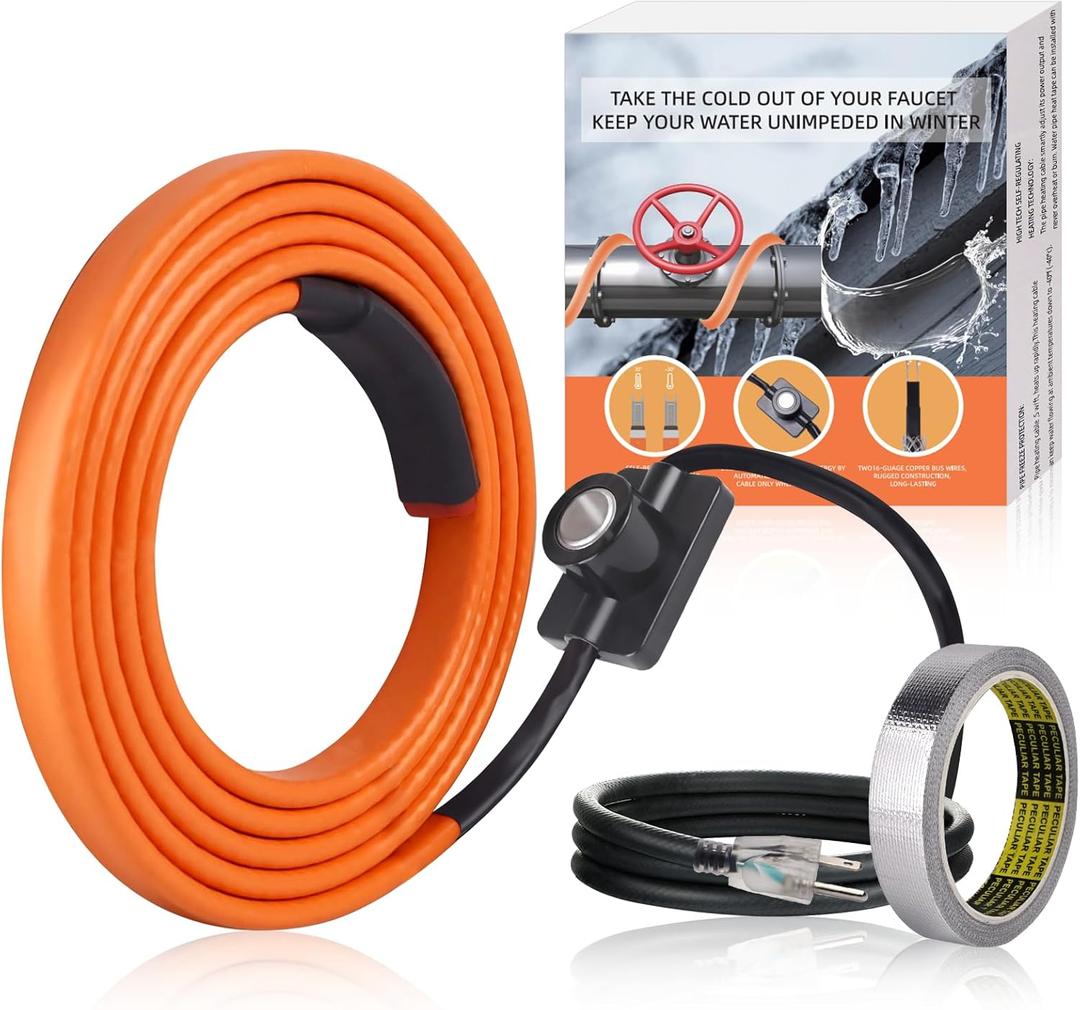 FANOVO Heat Tape for Water Pipes, 6ft Pipe Heat Tape with Thermostat, Self Regulating Heat Tape Cable, Freeze Protection Heating Cable Wrap for Water Pipes, Used for Metal Plastic Pipes and Roof RV
