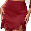 ALCEA ROSEA Women's Satin Mini Lace Trim Split Skirt Split Hem High Waist A-Line Short Bodycon Skirt 7806 (Red, M)