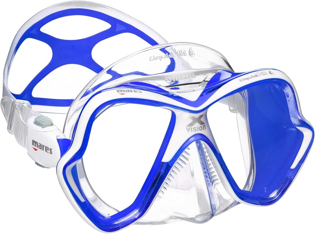 MARES Unisex Adult X-Vision Ultra Liquidskin Comfortable Scuba Diving Two Window Mask with Silicone Face Piece (Clear/Blue)