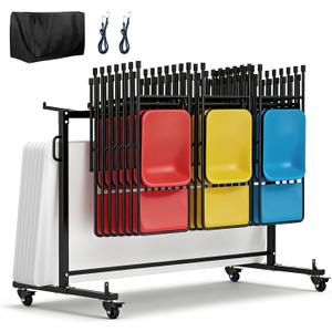 Folding Chair Rack, Folding Chair Storage Cart for 42 Chairs or 12 Tables with Locking Rubber Wheels, 400 LBS Capacity for Weddings & Events, Includes Dust Cover & Elastic Cords, 71"L x 33"W x 40"H