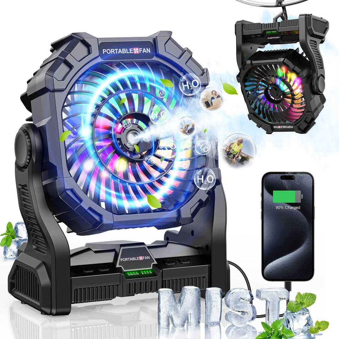 Misting Fan Portable,12000mAh Rechargeable Battery Powered Fan with RGB Light, Personal Cooling Camping Fan for Tents with Timer&Hook, Camping Gear for Fishing,Beach,Travel,Hurricane(Black)
