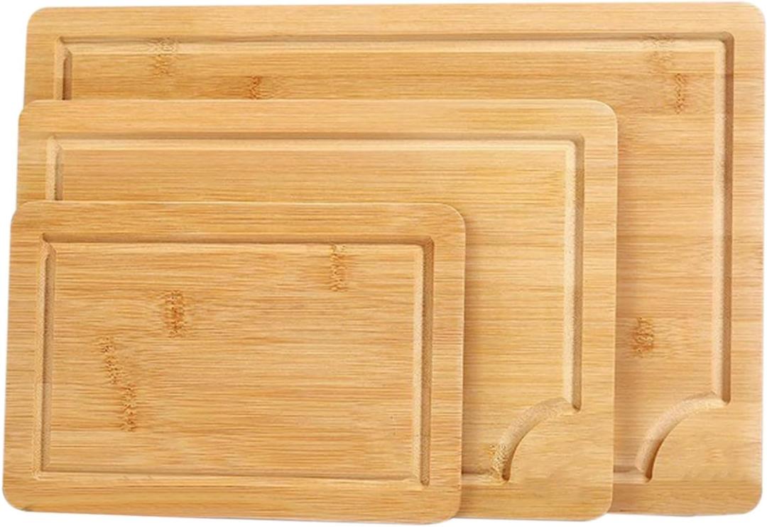 Bamboo Cutting Boards for Kitchen Set of 3, Bamboo Wood Cutting Boards with Juice Grooves, Chopping Board Meat Fruit Vegetable Charcuterie Board for Meat, Vegetables, Fruits, Cheese Square