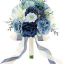 Wedding Bouquets for Bride Bridesmaid 8.5 Inch Dusty Blue Artificial Roses Flowers Bridal Bouquets for Bride Wedding Marriage Proposal Party Church Decoration