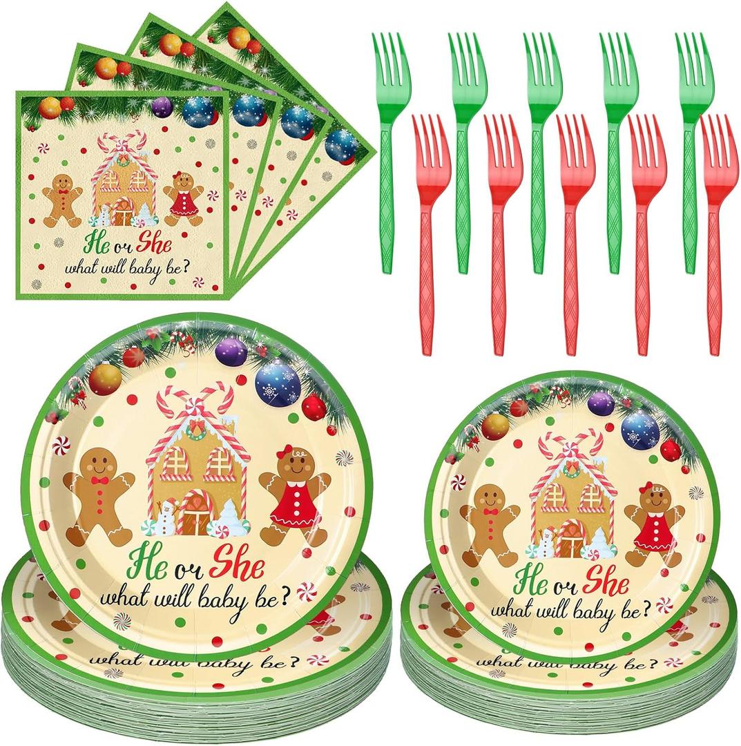 Havawish 96 Pcs Christmas Gingerbread Gender Reveal Decorations He or She Christmas Gender Reveal Party Supplies Gingerbread Paper Plates Napkins Forks Tableware Set for Baby Shower Party Favors