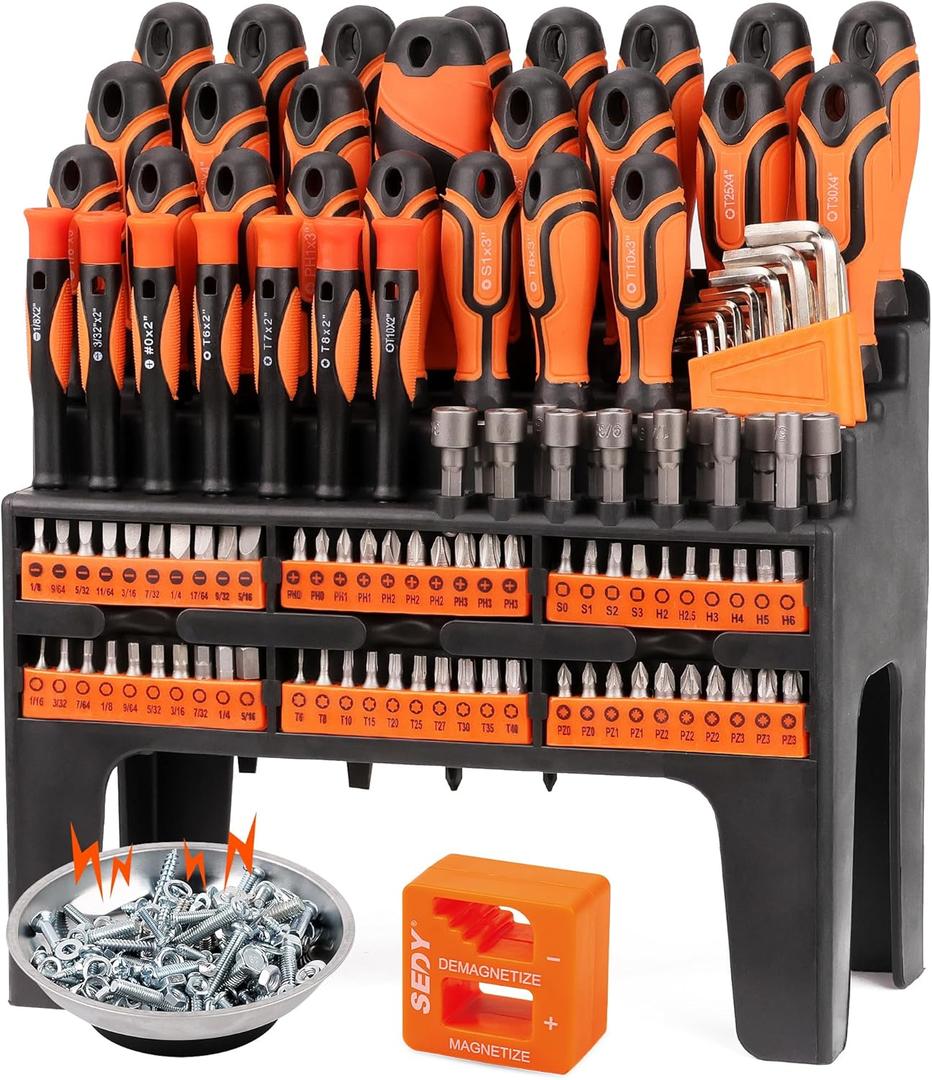 124-Piece Magnetic Screwdriver Set with Plastic Racking, Precision Screwdrivers, Magnetizer, Demagnetizer, Allen Keys, Nut Drivers, Ratchet Handles, Sockets & More - DIY Tools for Men, Tools Gift