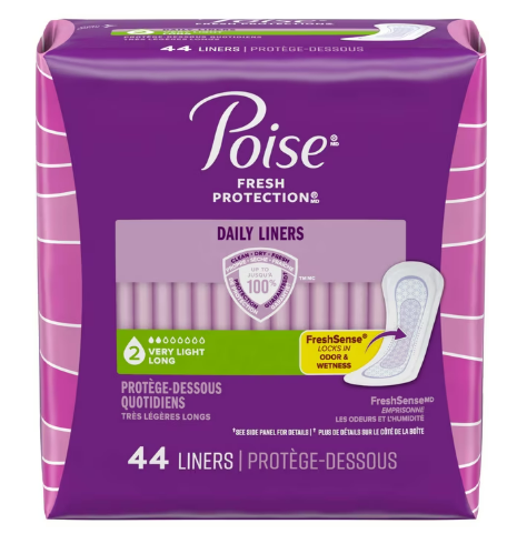 Poise Daily Liners, Incontinence Panty Liners for Bladder Leaks, 2 Drop Very Light Absorbency, Long Length, 44 Count of Pantiliners 