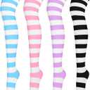 Aneco 4 Pairs Over Knee High Stripe Socks Halloween Cosplay Accessories Thigh High Socks for Adult Woman Girls (One Size, Mixed Colors B)