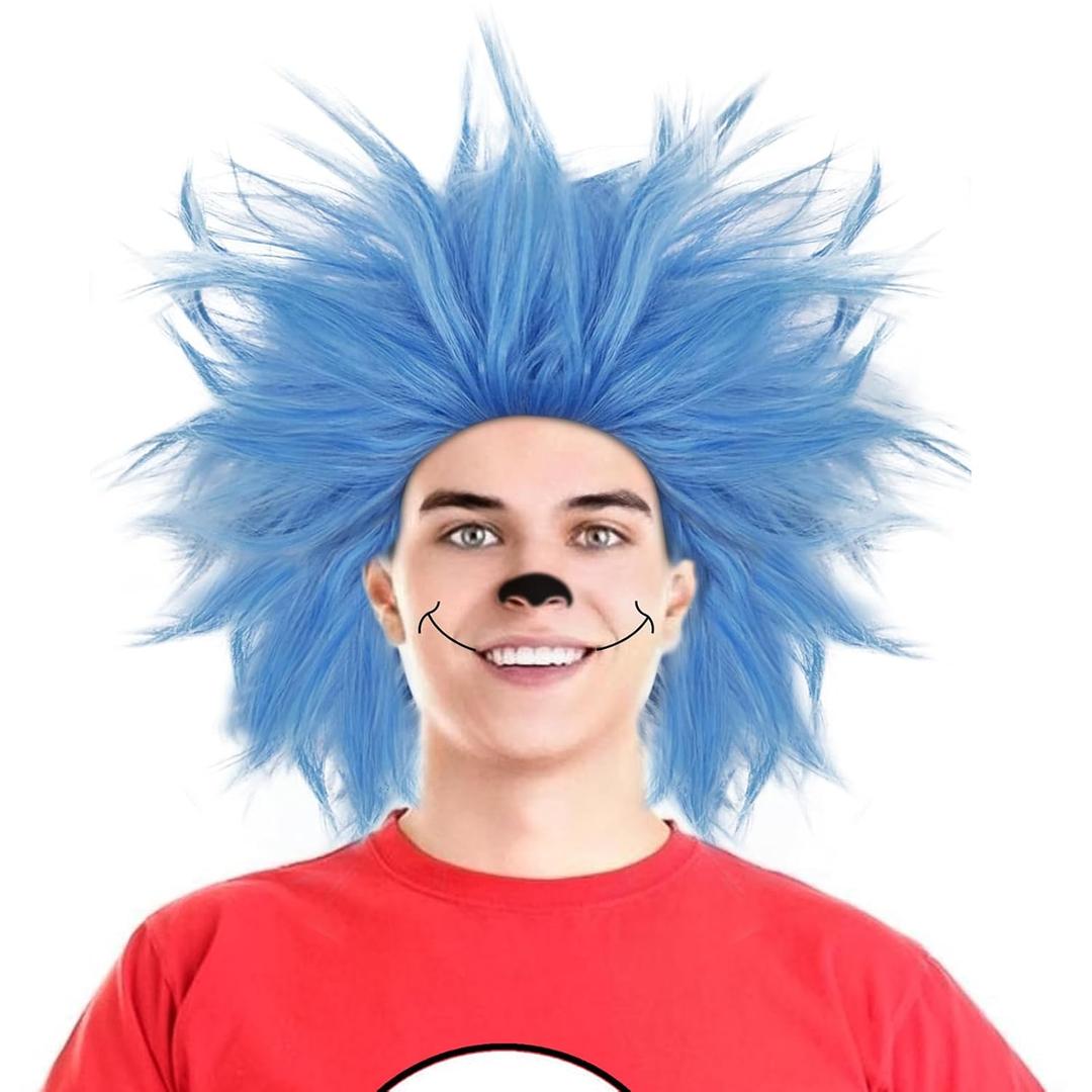 ANOGOL Hair Cap+ Blue Crazy Wig, Unique Spiky Funny Wigs, Short Crazy Hair, Funky Fuzzy Wigs, Pelucas Para Payasos, Short Blue Wig for Anime Cosplay, Halloween Costume Party Christmas Outfit