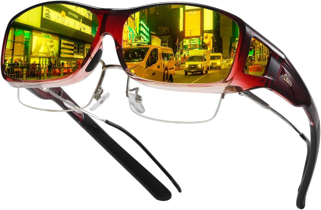DUCO Night Driving Glasses Night Vision Glasses Fit Over Glasses for Men Women Polarized Anti-Glare Pro Yellow Lens 8953Y (B04-l Size Wine Red Frame Night Vision Lens)