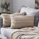 MIULEE Set of 2 Decorative Boho Throw Pillow Covers Linen Striped Jacquard Pattern Cushion Covers for Sofa Couch Living Room Bedroom 12x20 Inch Beige