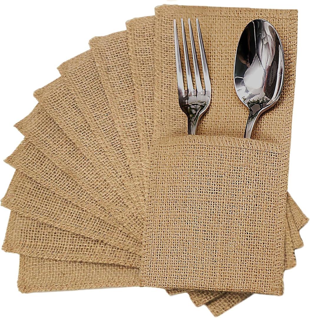 FQTANJU 50 Pcs Burlap Utensils Holders, 4"x8.8" Natural Jute Cutlery Pouch Silverware Holder Knives Forks Spoon Napkin Bag for Rustic Wedding Party Decorations favors