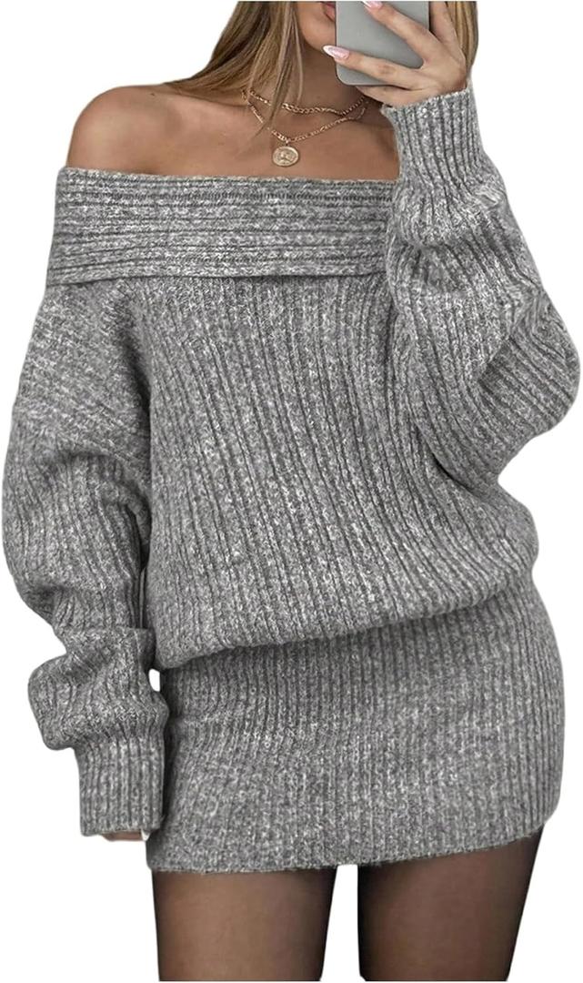 Milumia Women's Off The Shoulder Mini Sweater Dress Foldover Long Sleeve Y2k Knit Dresses (Gray, L)