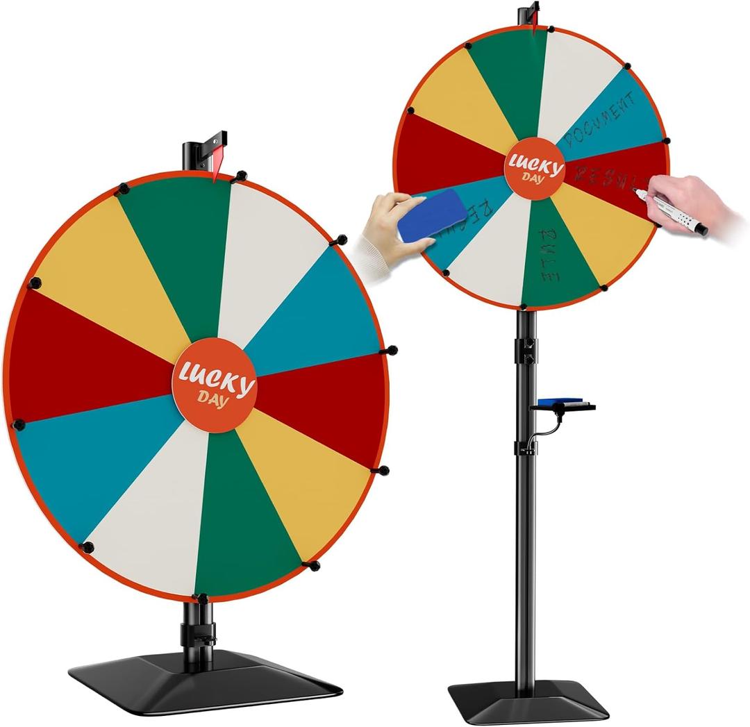 Heavy Duty Prize Wheel, 24 Inch Dual Use Prize Wheel, Adjustable Tabletop & Floor Stand, 10 Slots,1Bracket, Dry Erase Kit - Wheel of Fortune Game for Carnival, Casino & Trade Show. (Black)