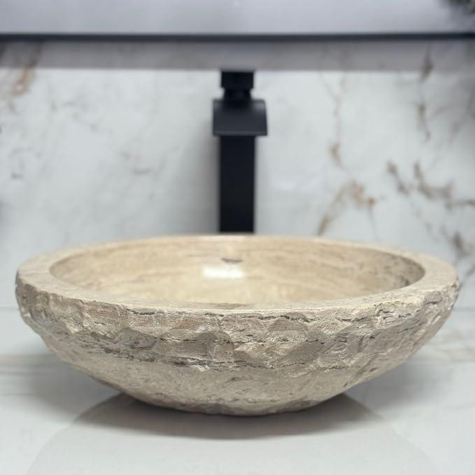 Shades of Nature Round Bowl Travertine Vessel Sink, Natural Stone Wash Basin, Hand-Carved Bathroom Sink, Chiseled Exterior, Polished Interior, Above Counter Vanity (Soap Tray Included)
