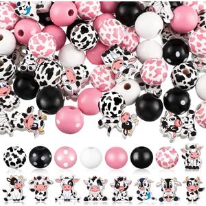 200 Pcs Cow Print Wood Beads 16 mm Wood Round and 20 mm Flat Wooden Beads Natural Handmade Polished Spacer Charm for Jewelry Making DIY Crafts Making Home Party Decoration