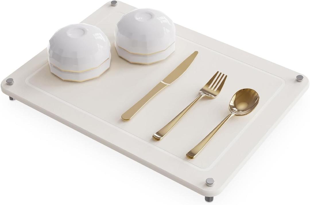 Dish Drying Stone, Water Absorbing Stone Dish Drying Mats for Kitchen Counter, Non-Slip Stone Drying Sink Tray Pad for Dish Bottles Cups, Diatomaceous Earth Sink Caddy Organizer, White (15.7"L x 11.8"W)