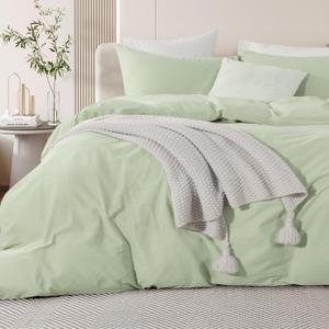 NEXHOME PRO Duvet Cover Set Oversized Queen 98"x98" Linen Feel Textured Organic Natural 100% Washed Cotton Duvet Cover 3 Pieces Bedding Set Zipper Closure, Breathable, Mint Green (No Comforter)